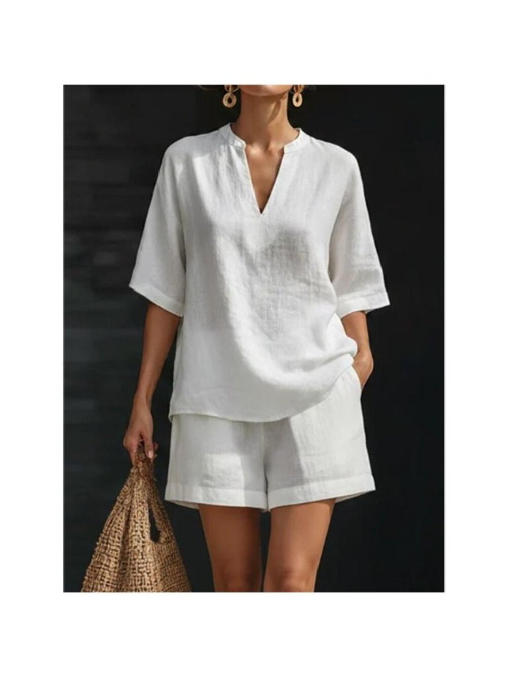 Notched Half Sleeve Top and Shorts Set